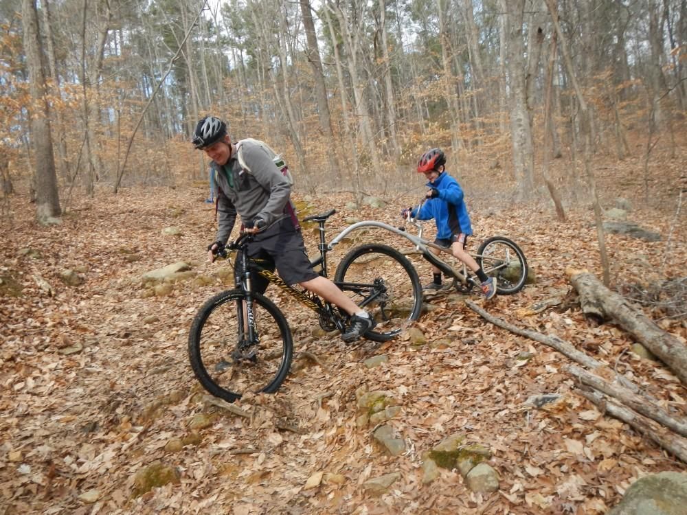 A man and a child are riding bikes on a trail in the woods.