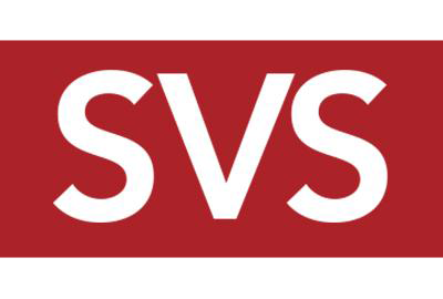 A red and white svs logo on a white background