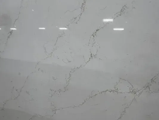 White countertop with gray and gold veining.