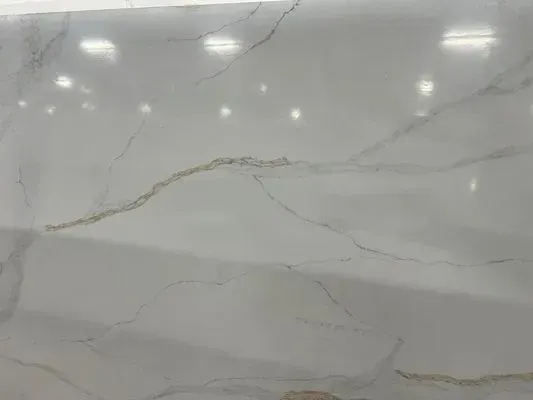 White marble slab with light gray and gold veining.