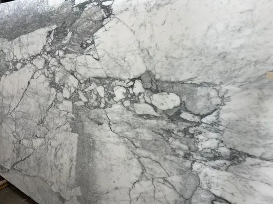 White marble slab with bold gray veining, natural pattern.