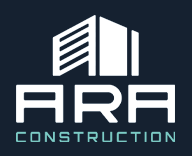 ARA Construction logo: white stylized building above the company name in white text on a navy background.