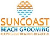 Suncoast Beach Grooming logo: orange and blue sun graphic, blue text 