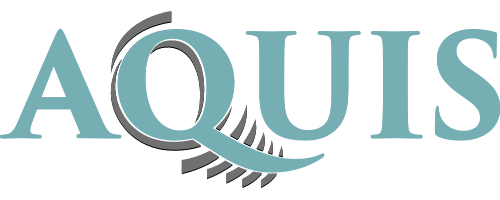 The aquis logo is blue and gray and has a feather in the middle.