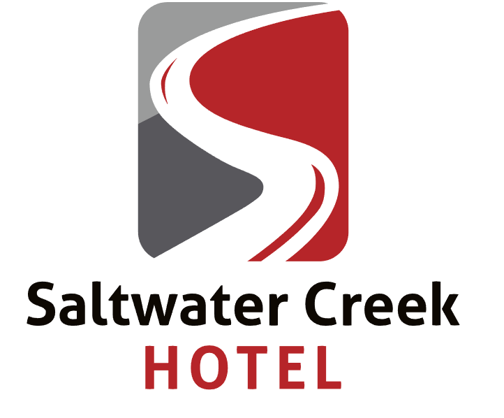 A logo for saltwater creek hotel with a road in the middle