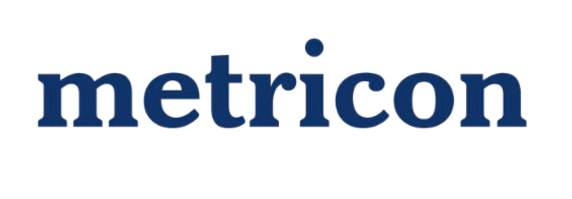 A blue logo for metricon on a white background