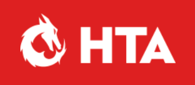 A logo for hta with a white horse on a red background
