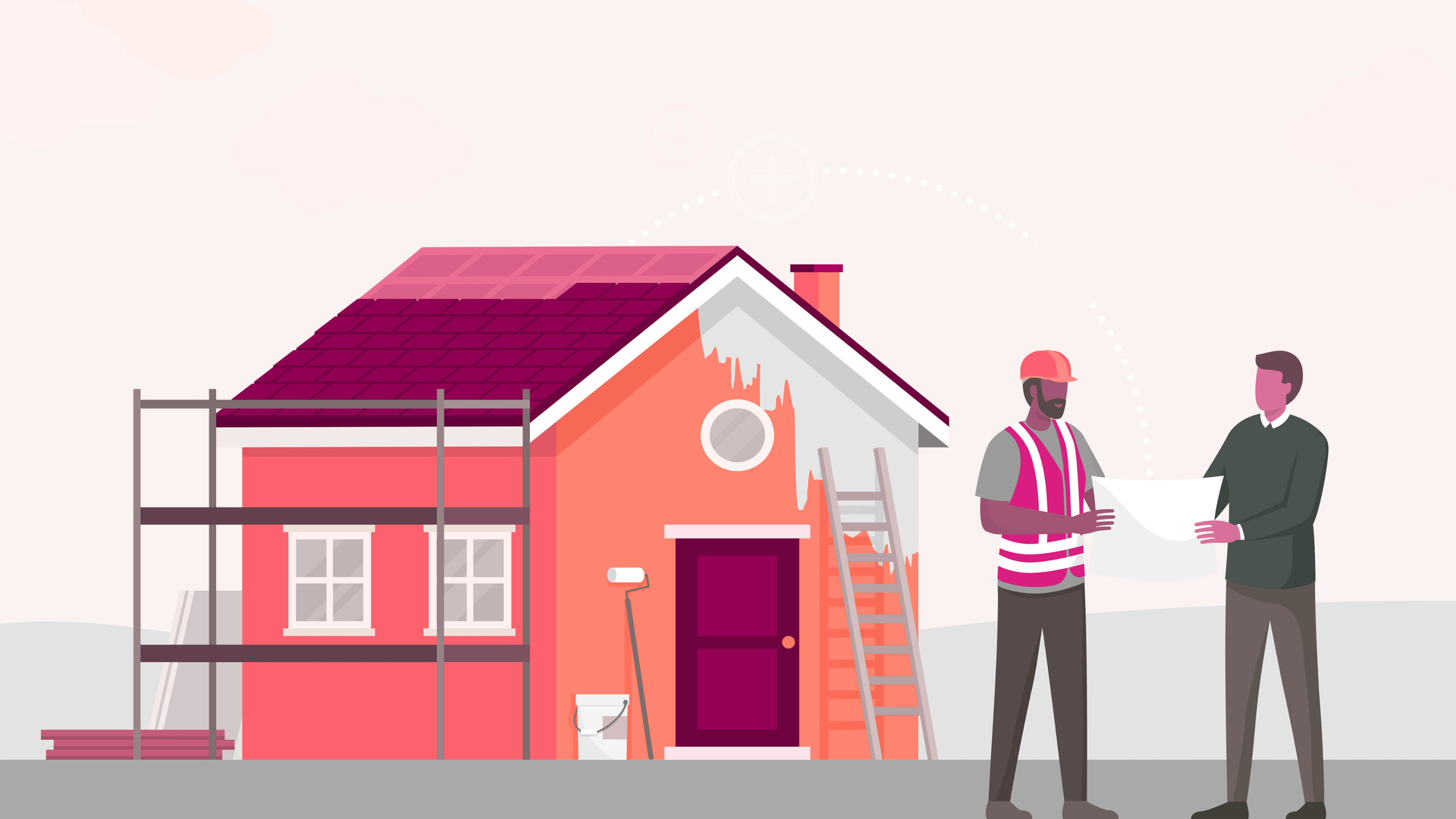 A cartoon of a contractor discussing plans with a homeowner.