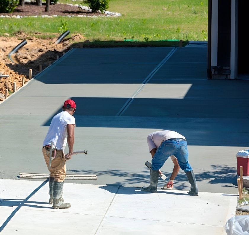 Two Men Are Working on a Concrete Driveway in Front of a Garage — Premier Inspections FNQ In Tablelands, QLD