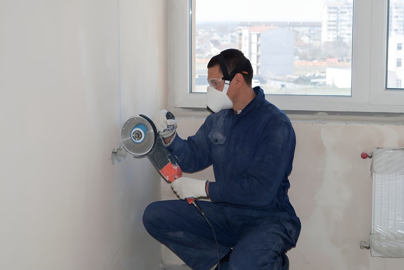 A Man is Kneeling Down Using a Grinder on a Wall — Premier Inspections FNQ In Cairns, QLD