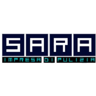 SARA Impresa di Pulizie logo in white and teal on dark blue blocks