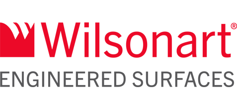 The wilsonart logo is red and white and says engineered surfaces.