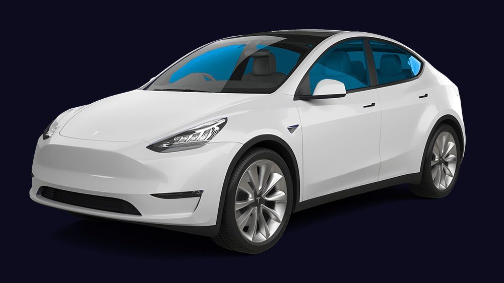 A white tesla model y with blue windows on a dark blue background.