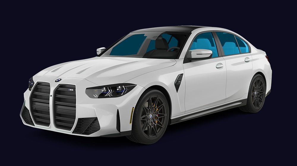 A white bmw m3 is on a dark blue background.
