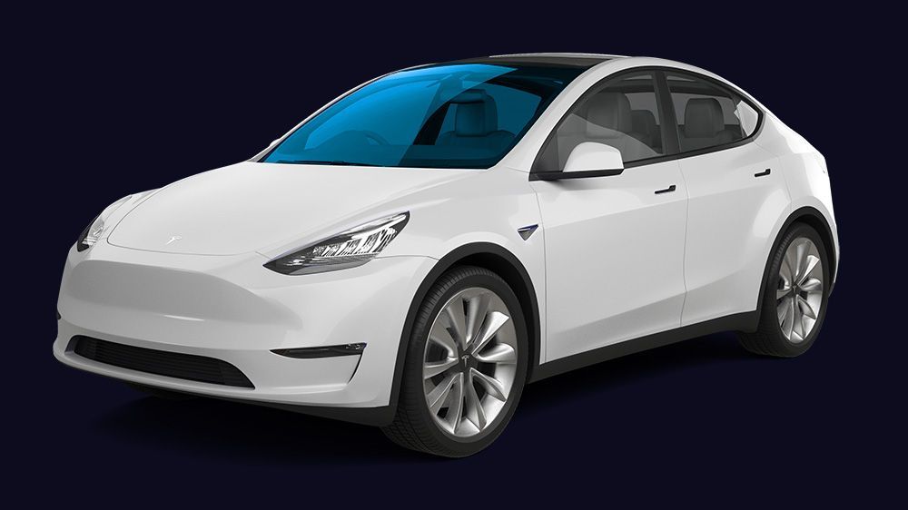 A white tesla model y with a blue windshield on a dark blue background.