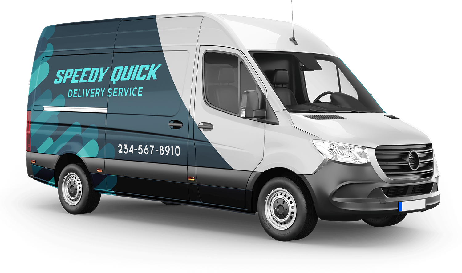 A white and blue van with the words speedy quick delivery service on the side.