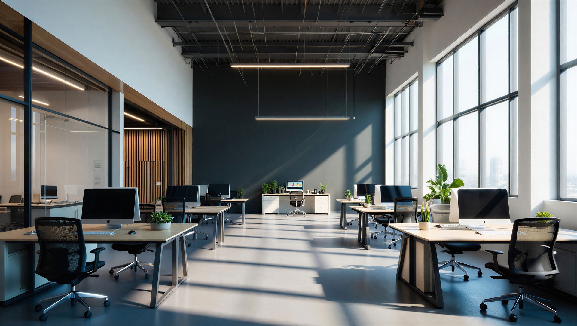 Modern open office with desks, chairs, large windows, and sunlight streaming across the floor Modern open office with desks, chairs, large windows, and sunlight streaming across the floor