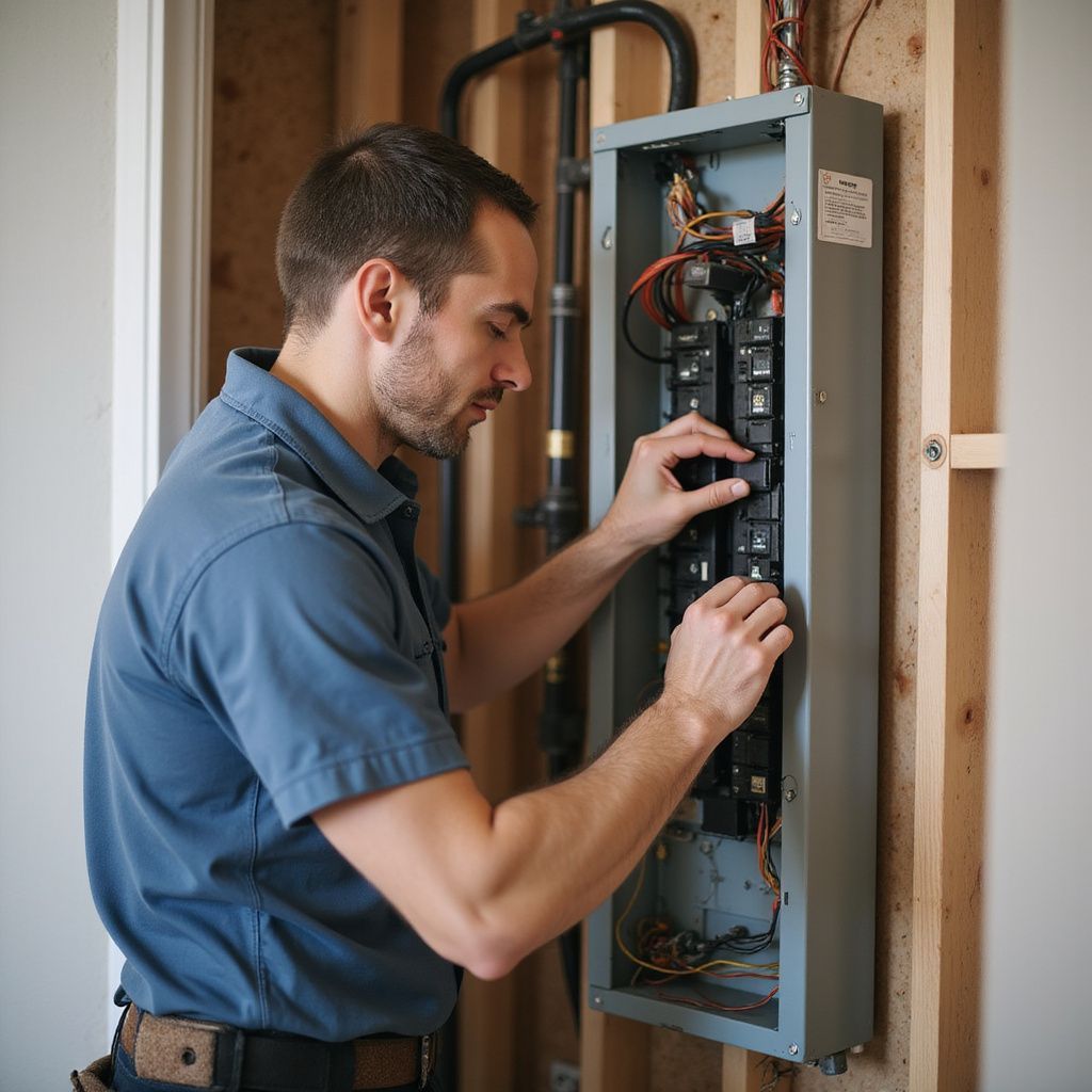 A professional in a blue shirt installing or repairing electrical components inside an open breaker panel.