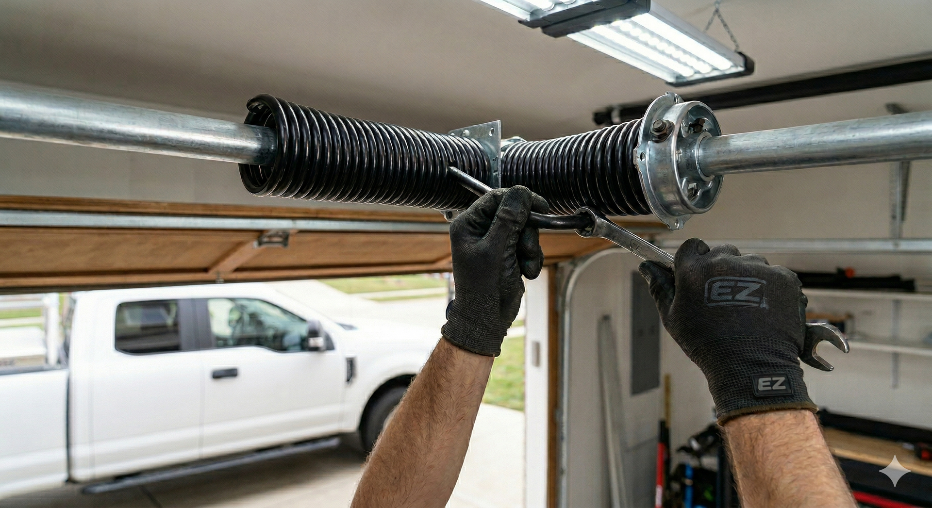 Gloved hands use a wrench and winding bar to adjust a garage door torsion spring on a metal shaft.