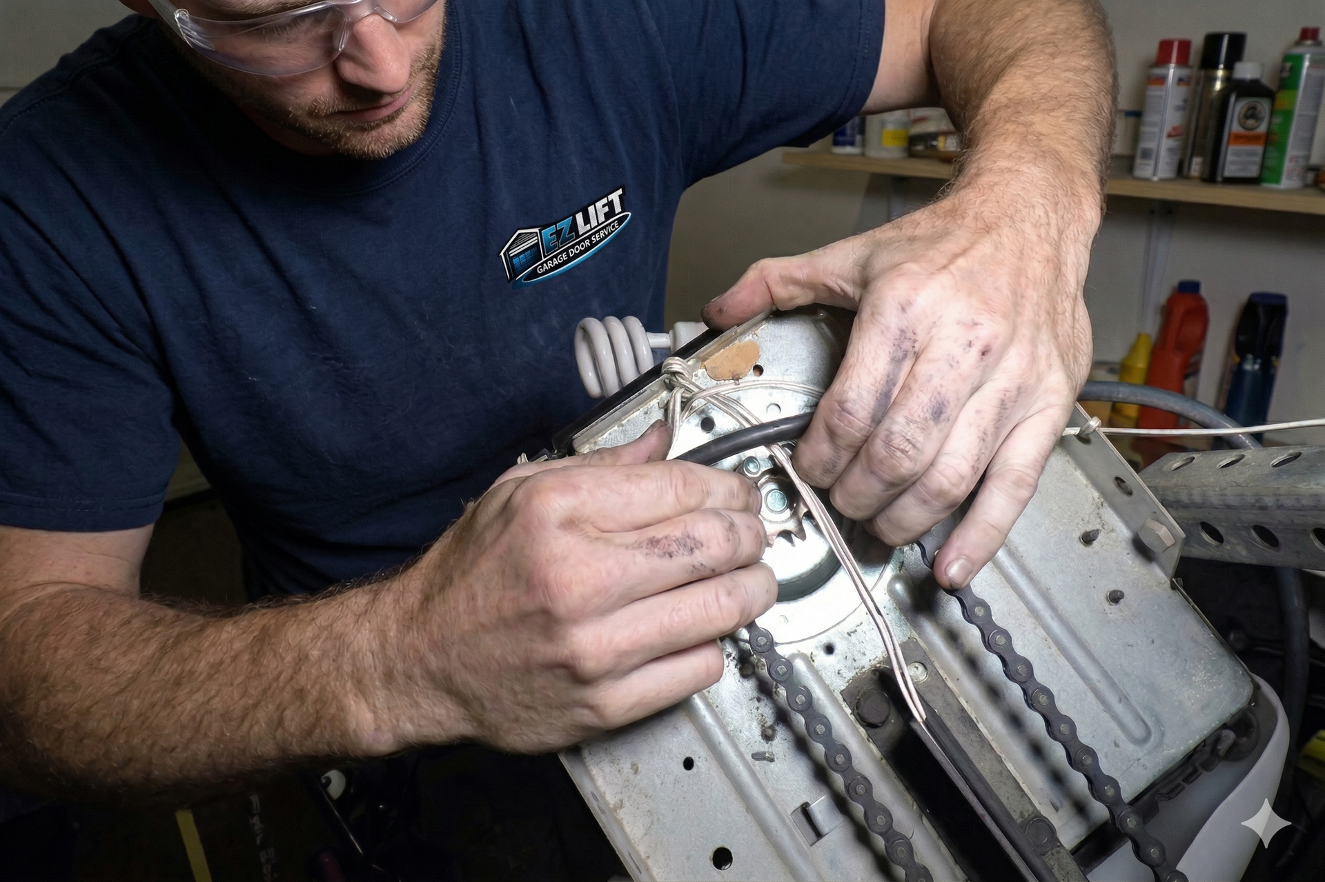 A gloved hand points to a metal shaft and gear mechanism inside an opened mechanical device.