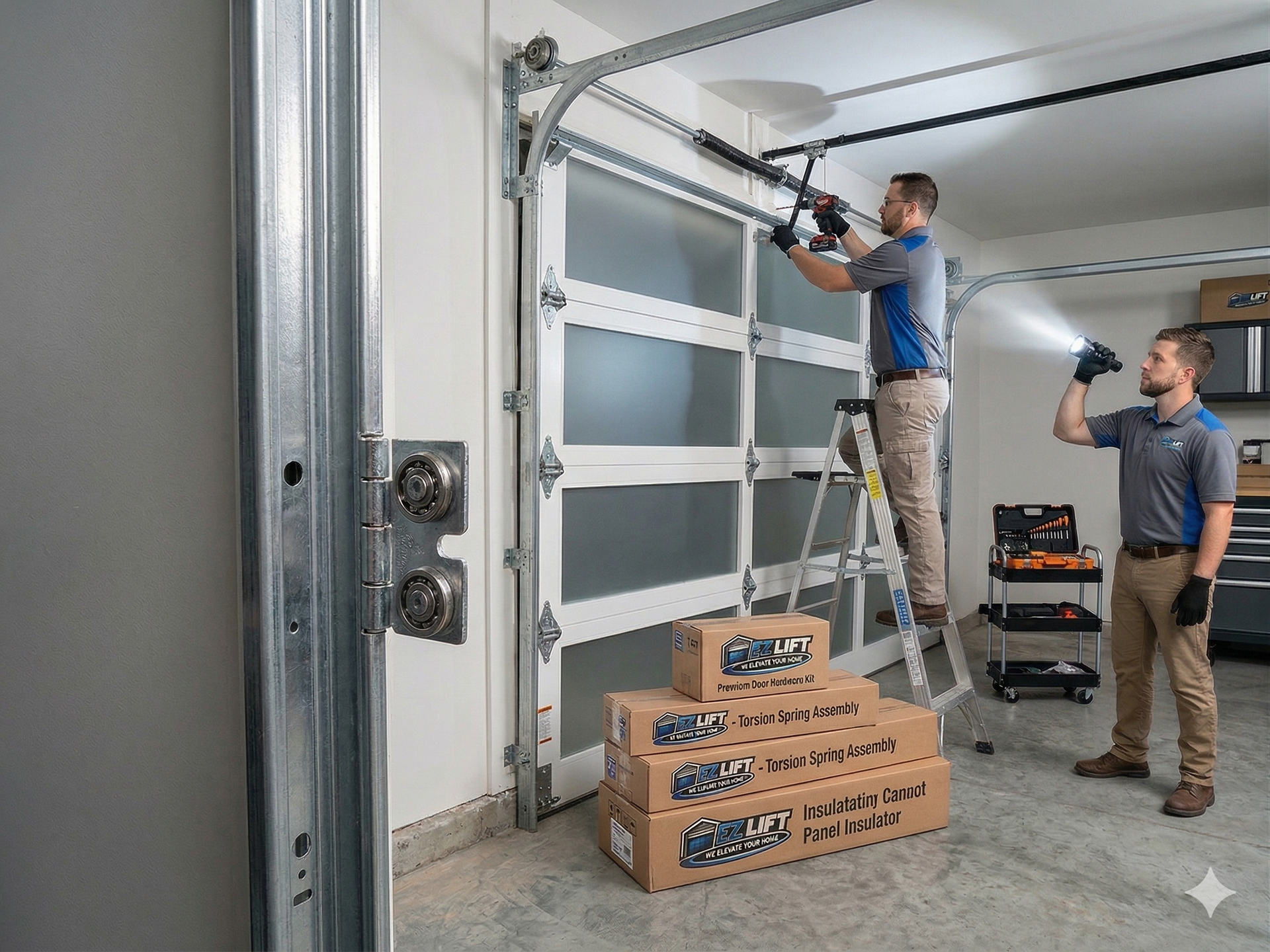Two technicians repair a residential garage door while one holds a flashlight, with replacement parts stacked nearby.