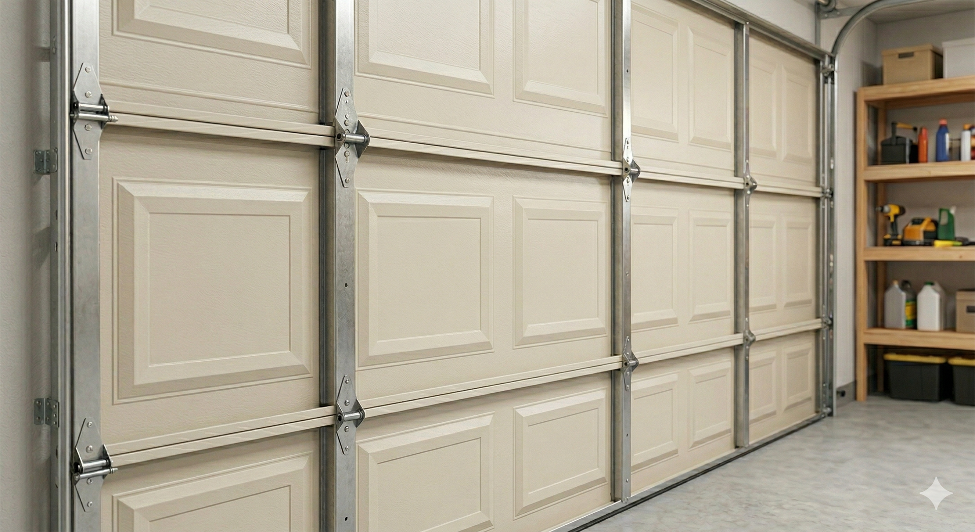 A cream-colored garage door opening, revealing a blurred workshop with hanging lights and tools in the background.