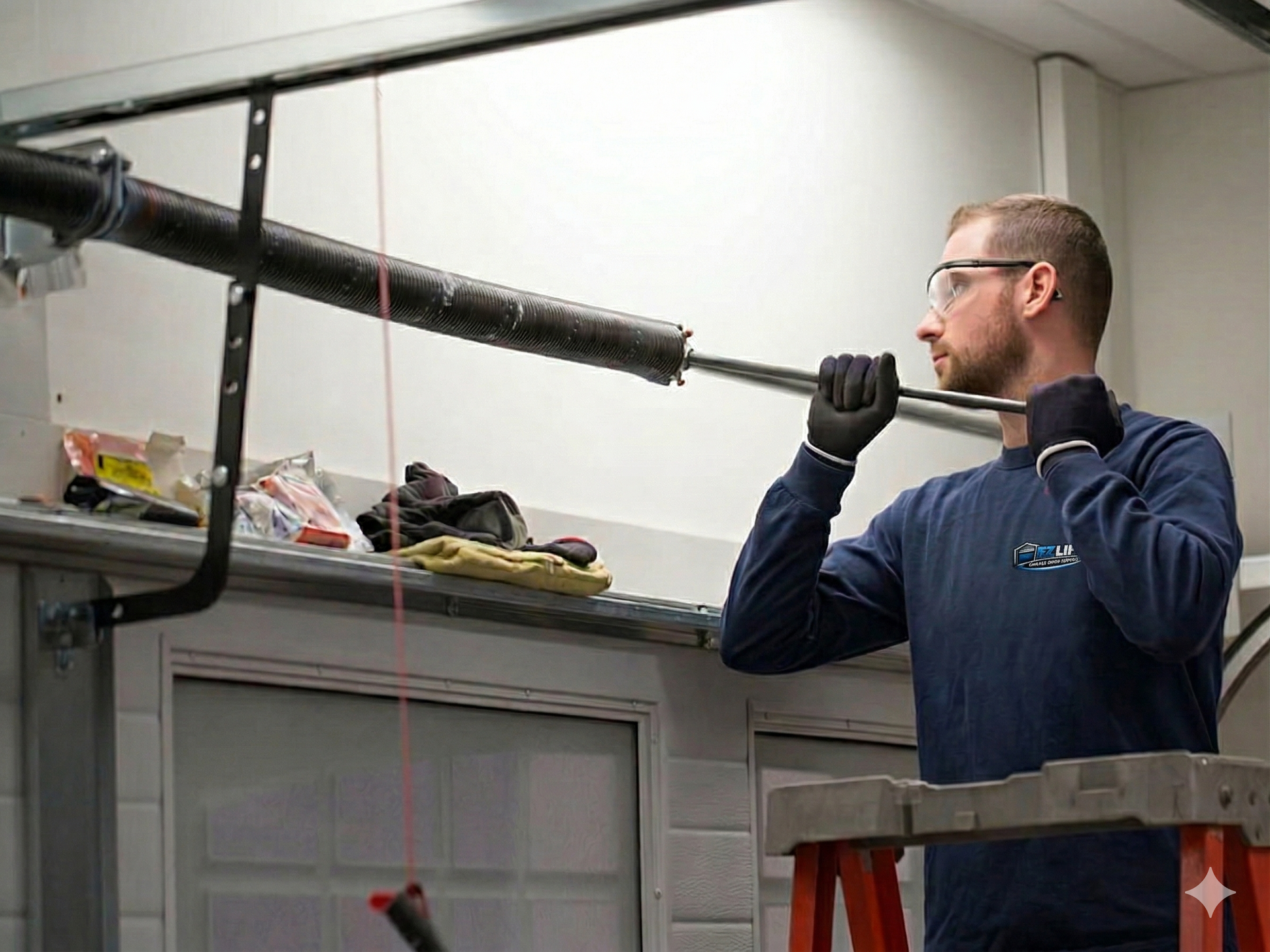 A person wearing black gloves uses two winding bars to adjust a garage door torsion spring in a garage workshop.