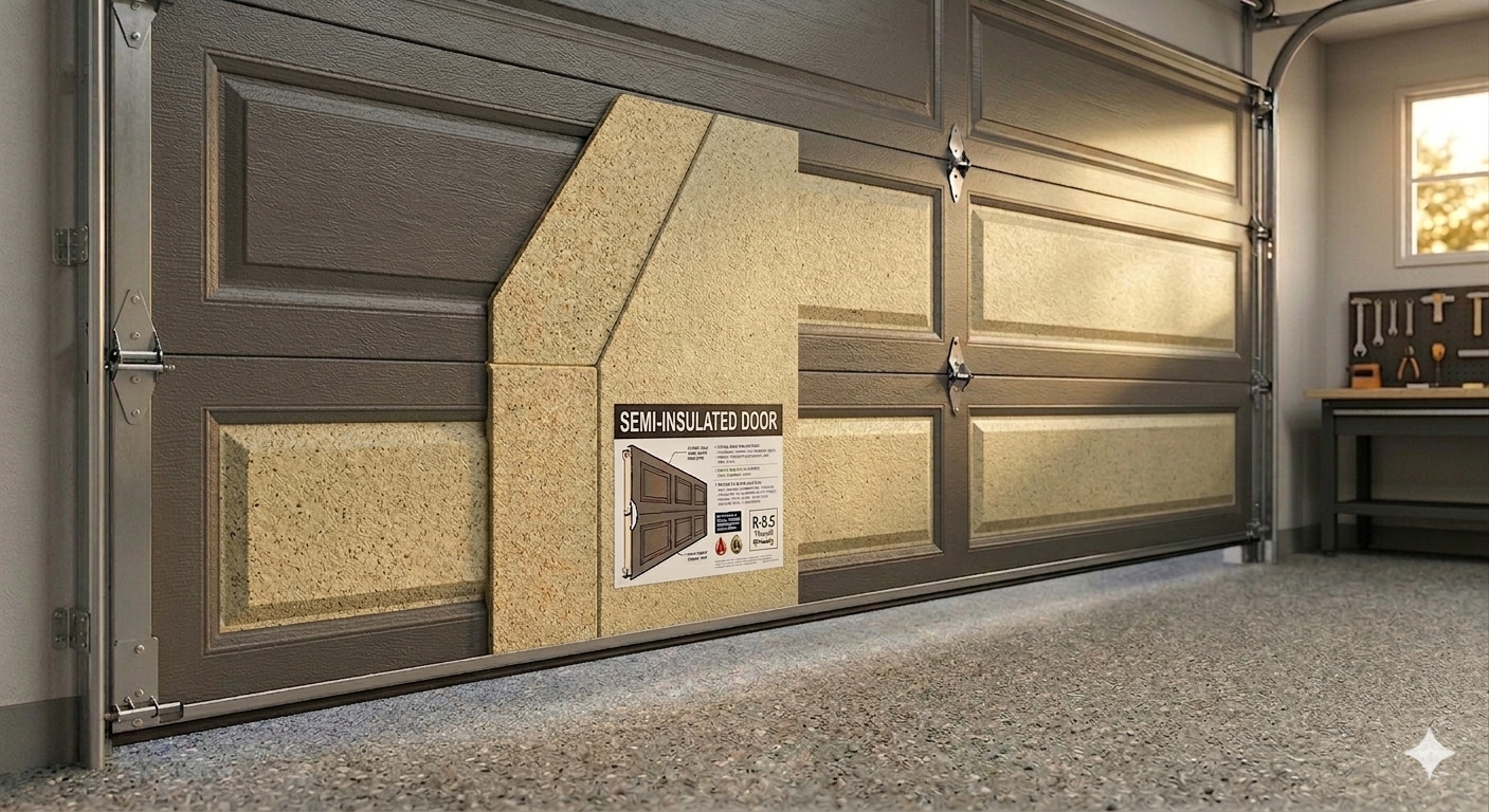 A partially open beige garage door with visible tracks and hardware, showing a blurred workbench and lights in the background.