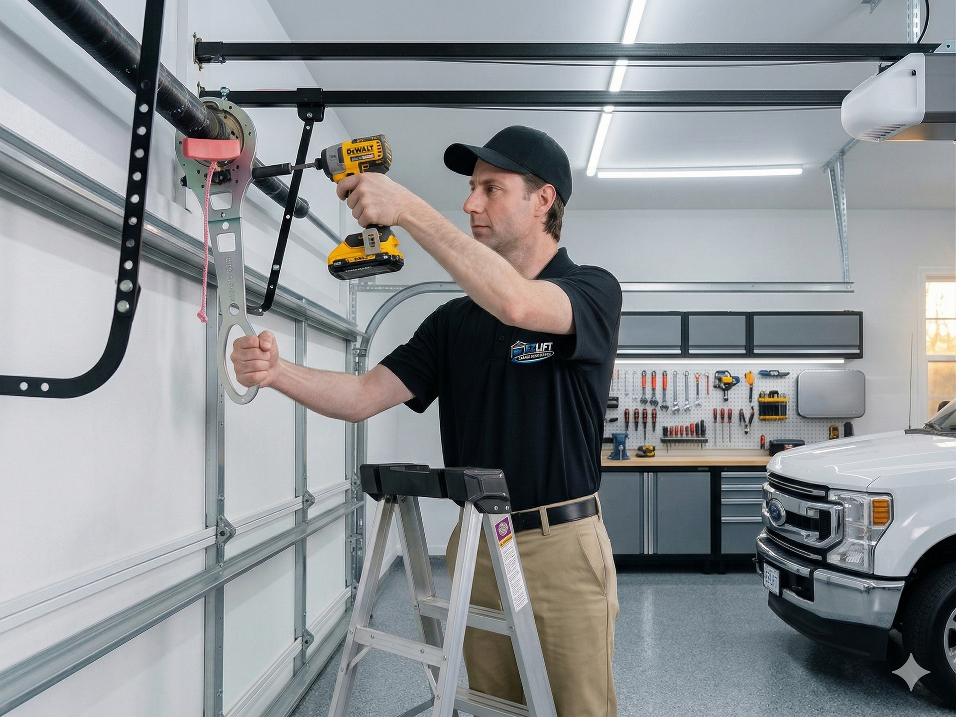 A gloved hand uses a brush to apply lubricant to a blue garage door roller sitting in its metal track.