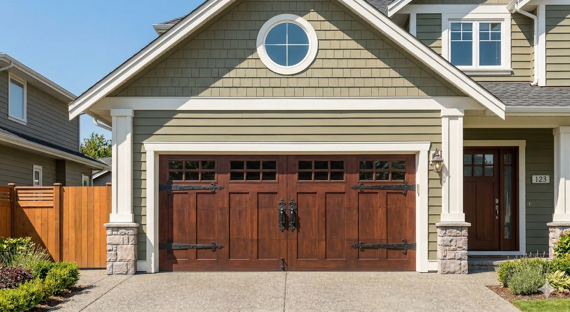 A gloved hand uses a tool to service a decorative metal hinge on a wooden garage door, with a truck visible outside.