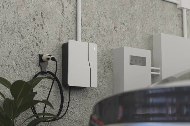 A white EV charging station mounted on a concrete wall next to an electrical panel and a car.