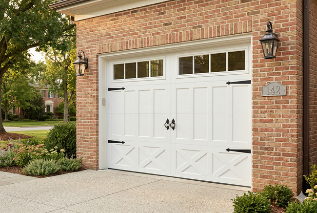 White carriage-style garage door with windows and black decorative hardware, set in a brick exterior wall.