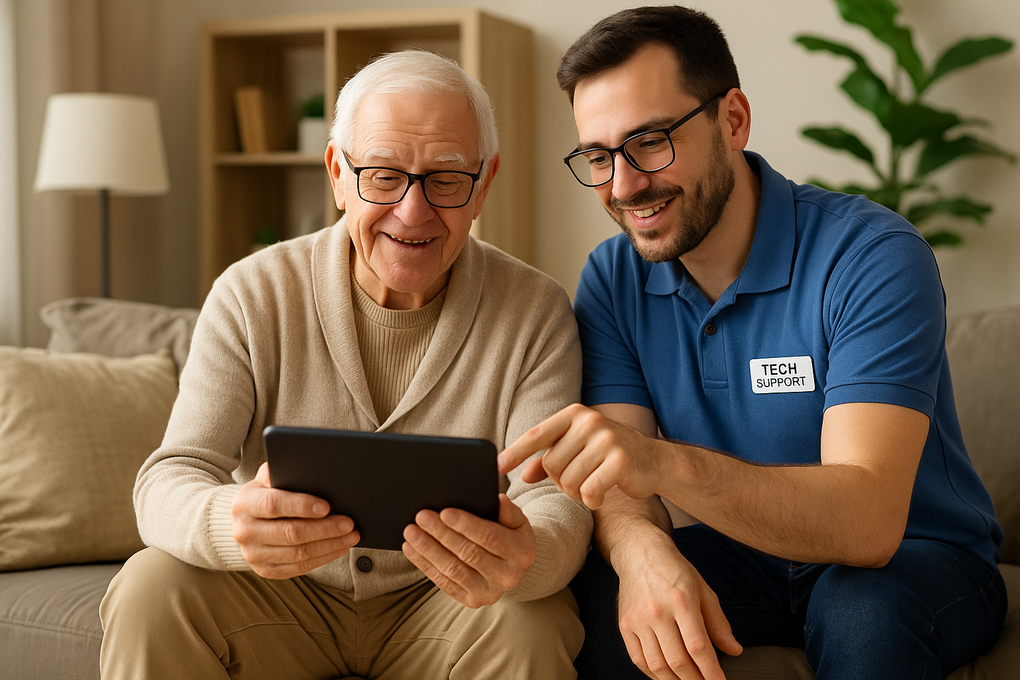 An elderly man and a tech are sitting on a couch looking at a tablet.