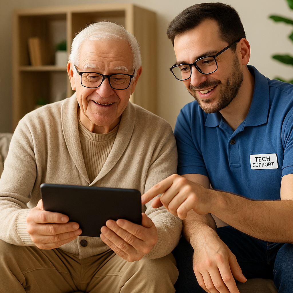 An elderly man and a young man are sitting on a couch looking at a tablet.