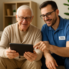 An elderly man and a young man are sitting on a couch looking at a tablet.