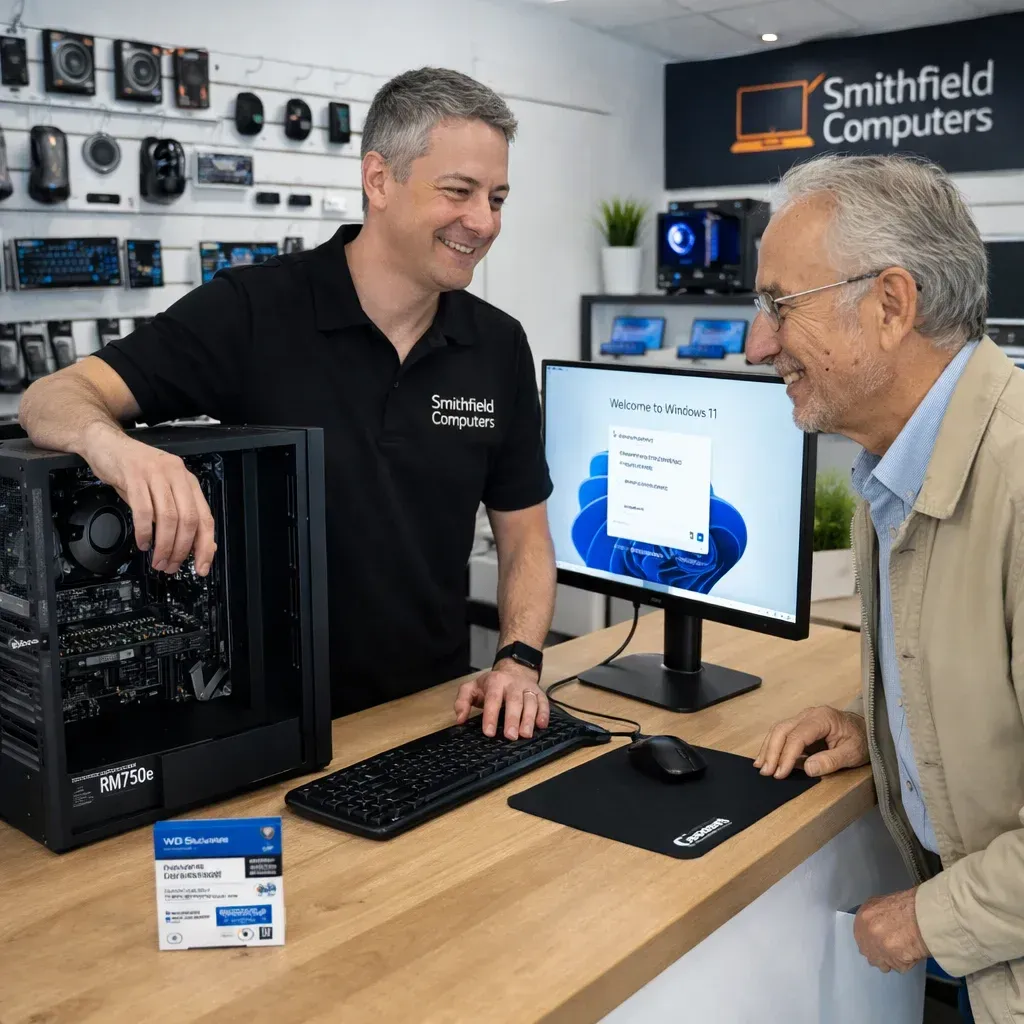 A friendly technician discusses a computer system with a customer in a tech store with displays in the background.