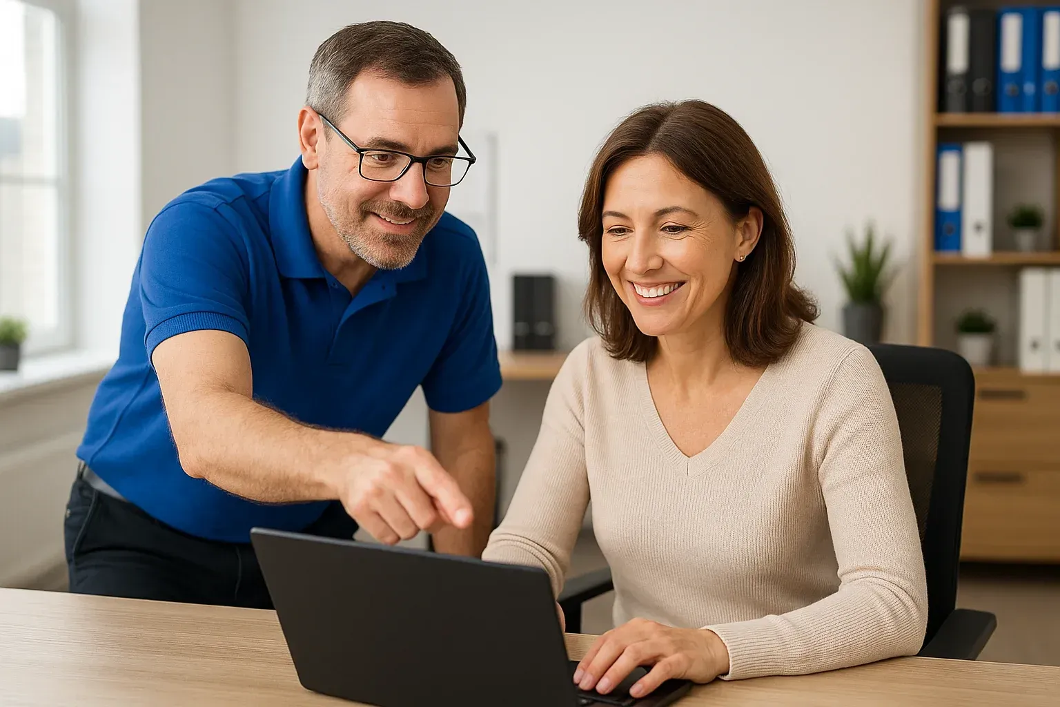 A person in a blue shirt points at a laptop screen while another person seated at the desk smiles at the computer.