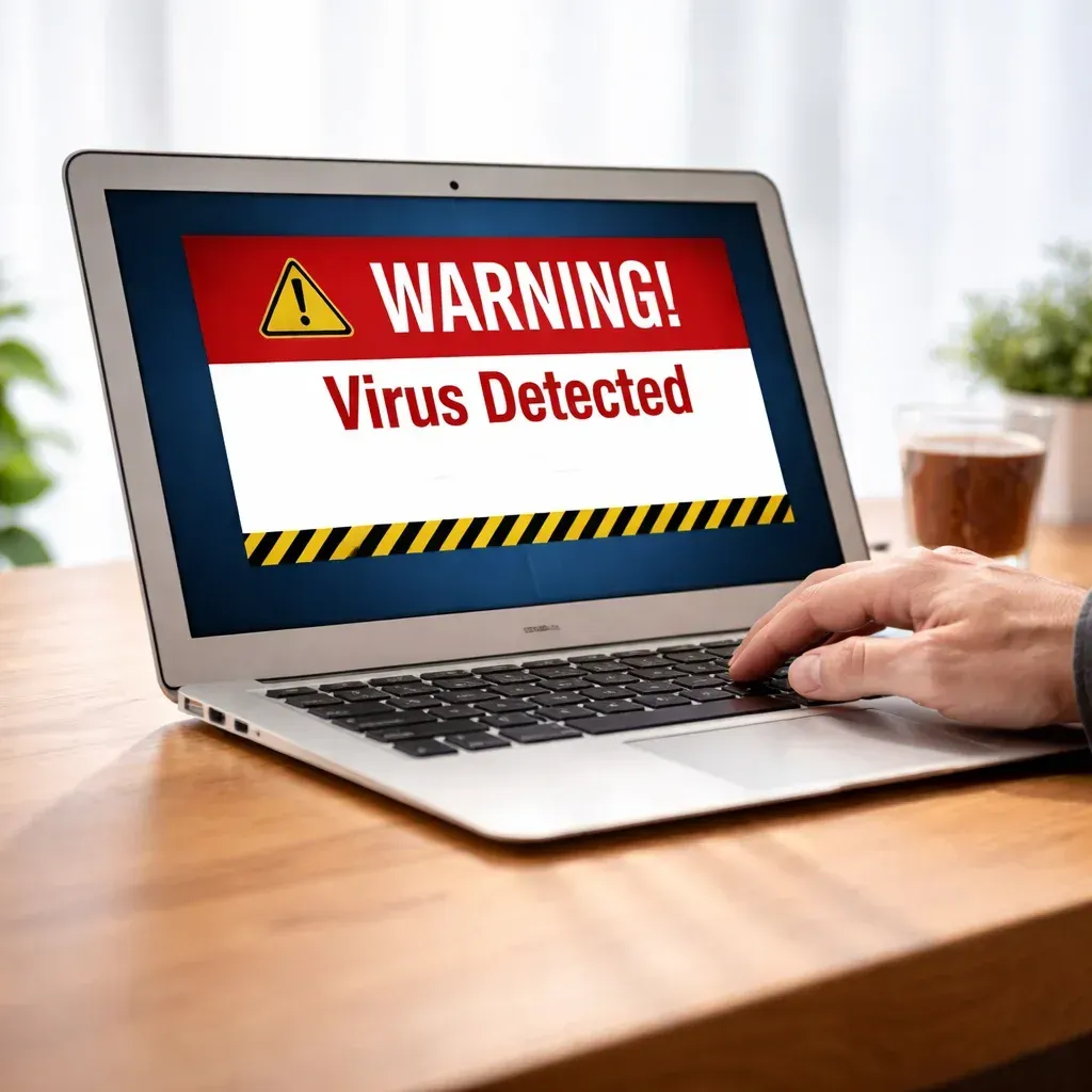 A person's hand on a laptop keyboard with a screen displaying a