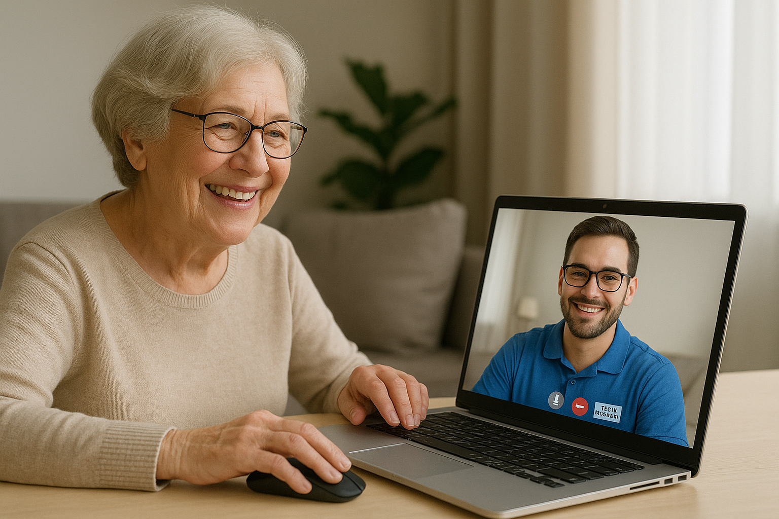 An elderly woman is sitting at a table using a laptop computer getting remote support