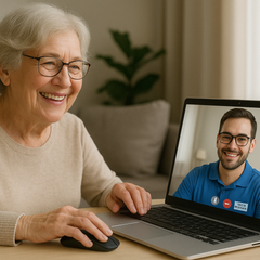 An elderly woman is sitting at a table getting remote support.