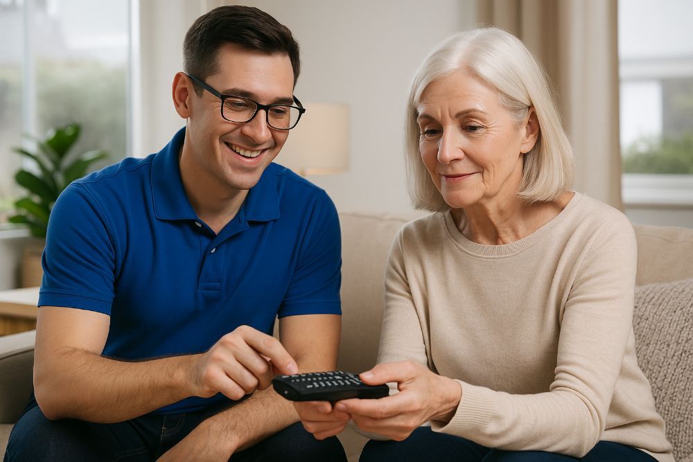 A man is teaching an older woman how to use a remote control.