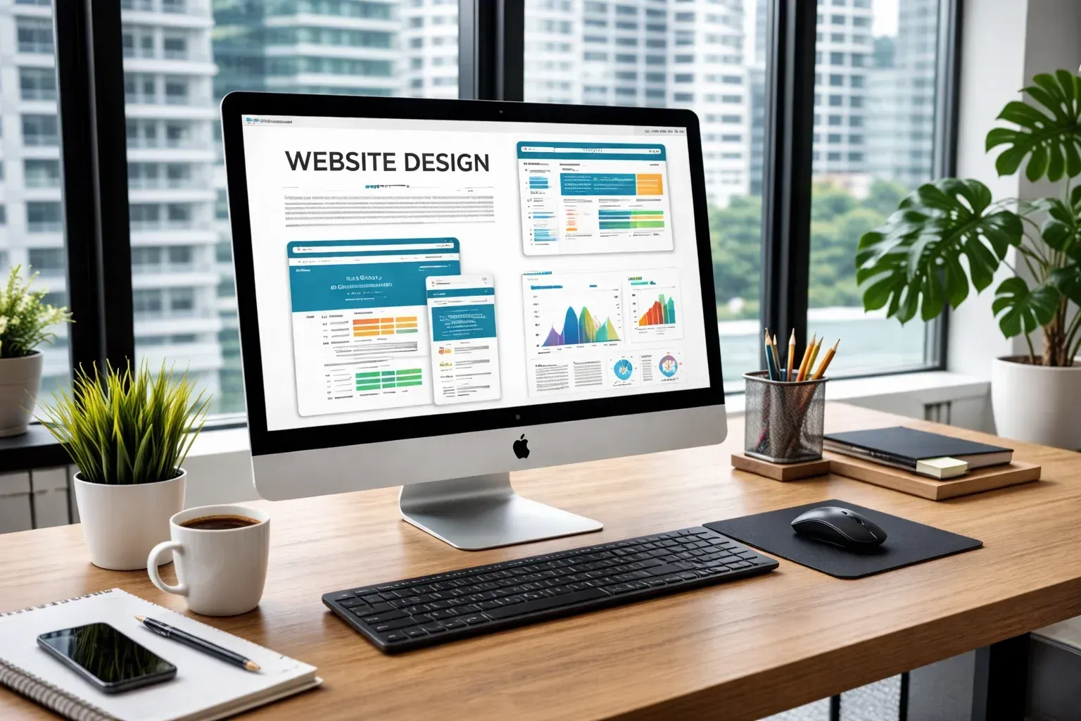 A computer monitor showing website design layouts sits on a wood desk with a keyboard, mouse, plants, and coffee.
