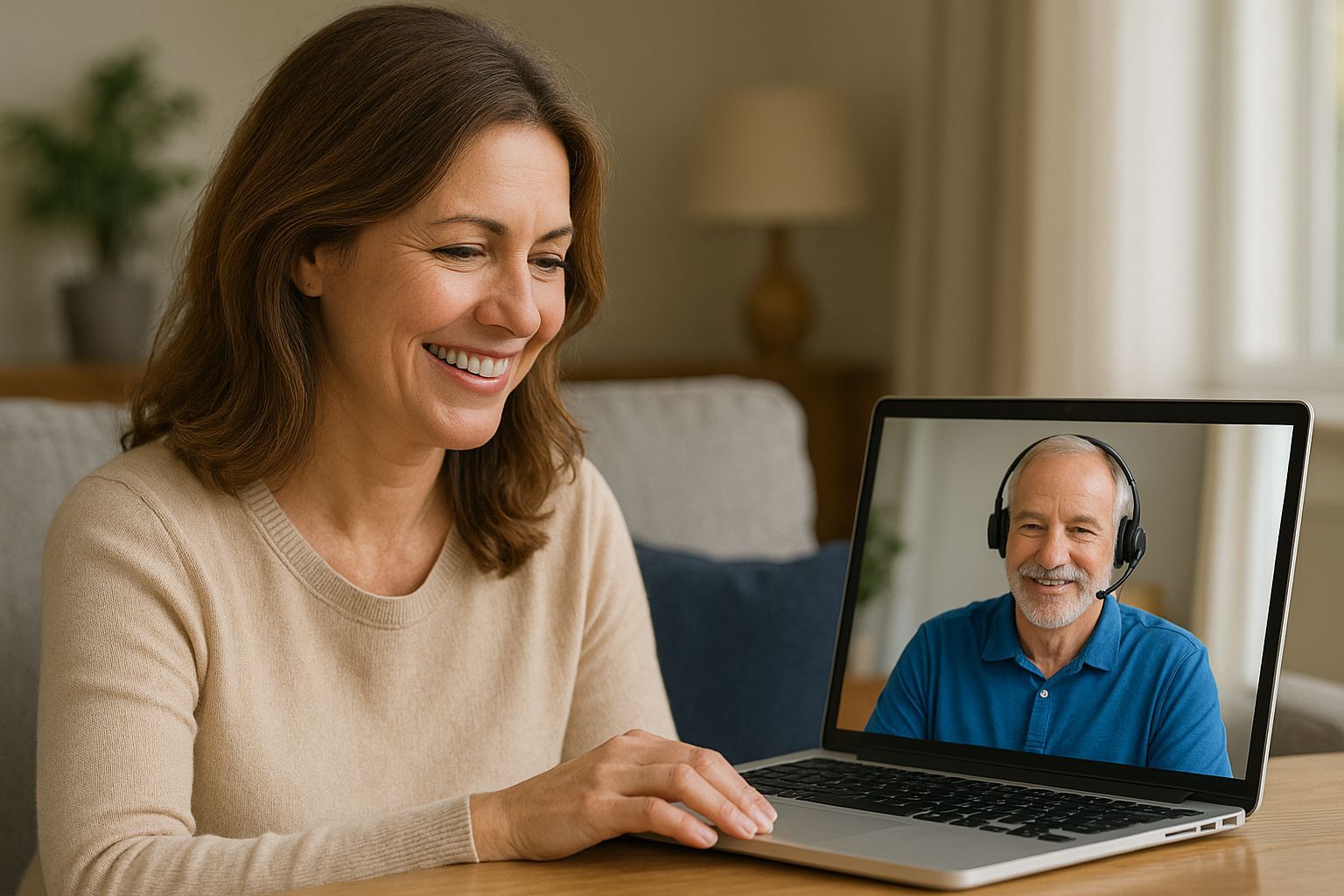 A woman is sitting at a table using a laptop computer to have a video call with tech support