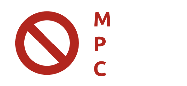 A red circle with a line through it and the letters mpc on a white background