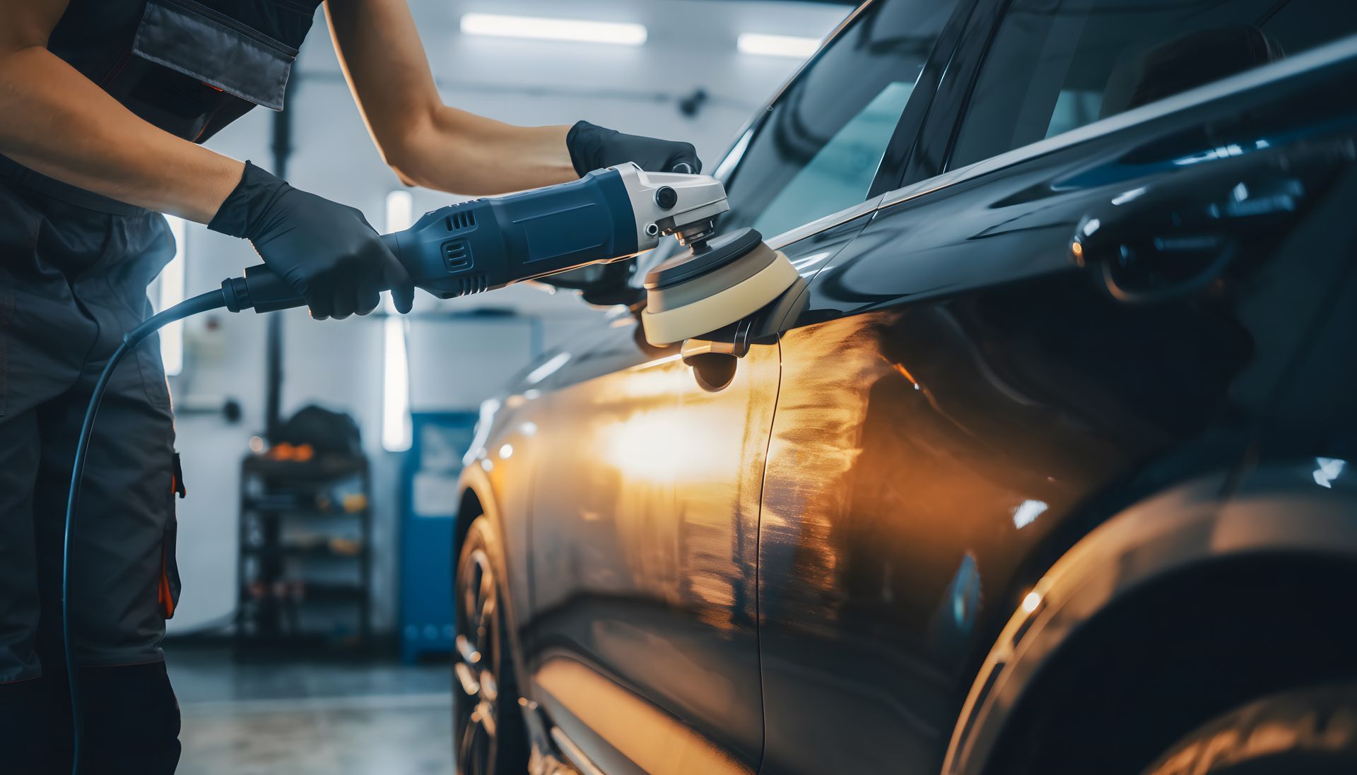 Person using a power buffer to polish and detail a car’s exterior surface Person using a power buffer to polish and detail a car’s exterior surface