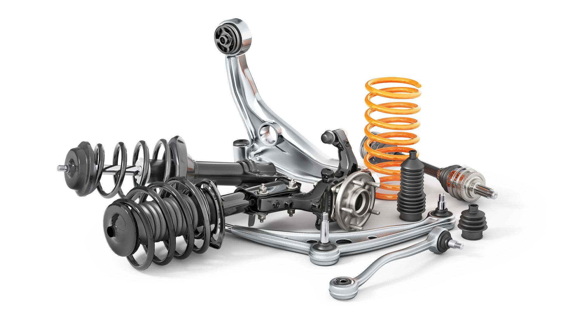Car suspension components on a white background. Includes springs, shocks, control arms, and other parts.