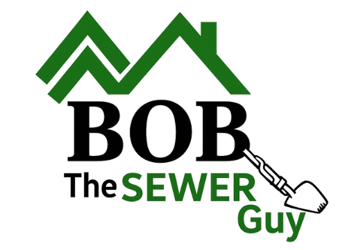 A logo for bob the sewer guy with a green roof and a shovel.