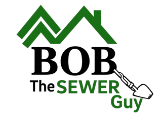 A logo for bob the sewer guy with a green roof and a shovel.