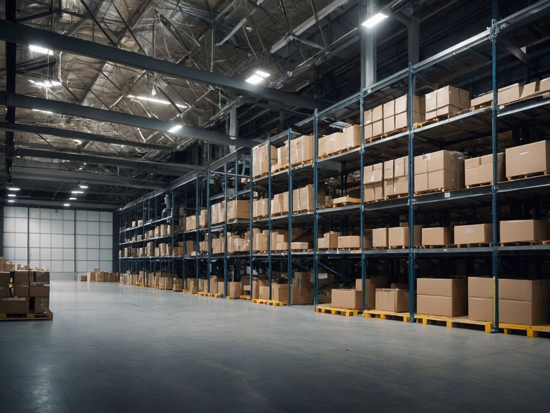 A large warehouse filled with lots of boxes on shelves.