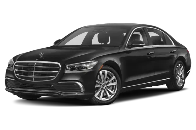 Black Mercedes-Benz S-Class sedan with chrome accents and multi-spoke silver wheels.